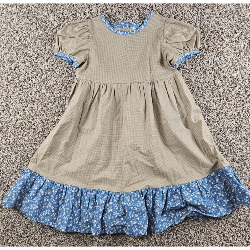 Vintage 1960s Girls Sz 6 Short Sleeve A Line Dress Beige Blue Trim Cottagecore
